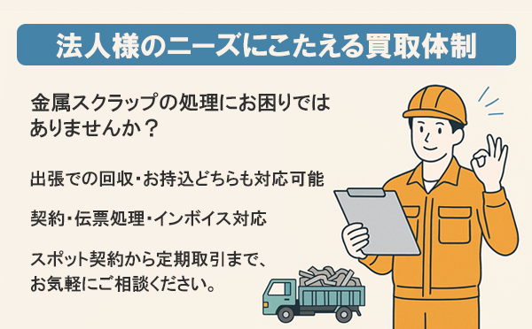 法人様向けスクラップ買取サービス。法人様のニーズにこたえる買取体制。大阪ヒラノヤでは出張での回収・お持込どちらも対応可能。契約・伝票処理・インボイス対応など法人取引に必要な体制も万全です。スポット契約から定期取引まで、お気軽にご相談ください。